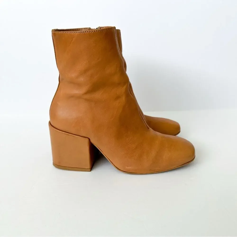 Free People Nicola Chunky Leather Booties SZ 6/36 Tan Block Heel Ankle Boots Zip - Picture 6 of 12